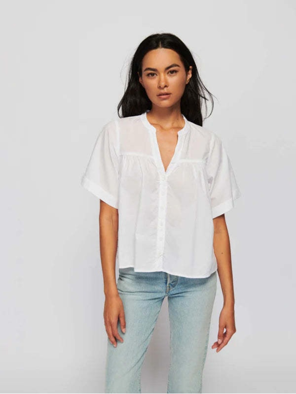 Nation LTD White Short-Sleeve Button V-Neck Fillipa Blouse